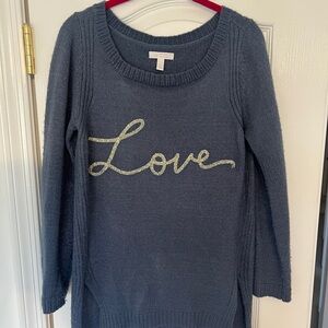 LC Lauren Conrad Blue Crew Neck Sweater with Metallic Love Script